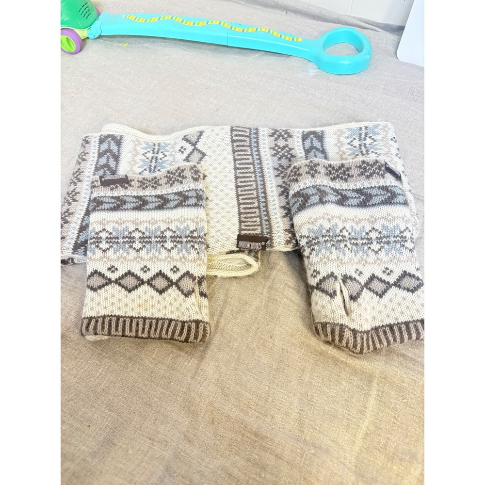 Muk Luks Cream and Brown Knit Scarf with Mitts